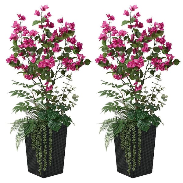 4 ft. Artificial Bougainvillea Flowers Tree, Faux Plants with Black Planter for Home Office Home Decor Set of 2