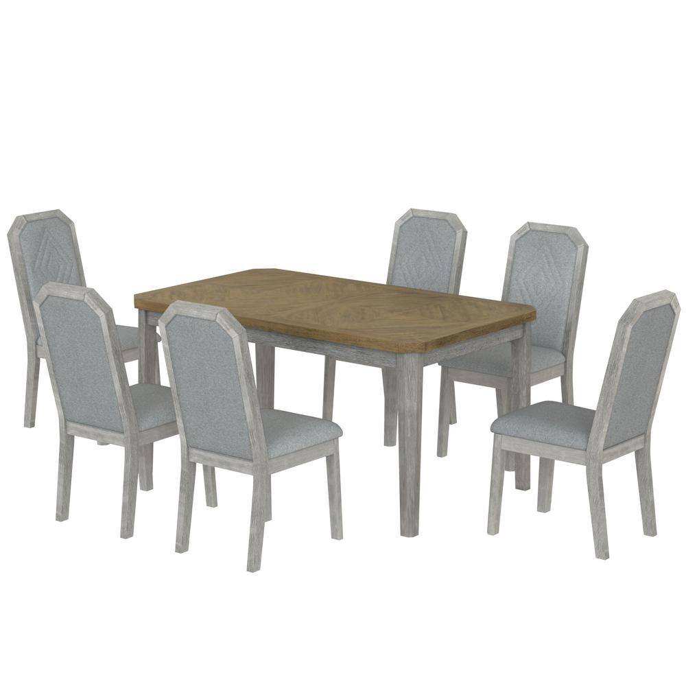 Classic Rustic 7-Piece Rectangular Brown and Gray MDF Top Dining Set with 6 High-Back Design Chairs
