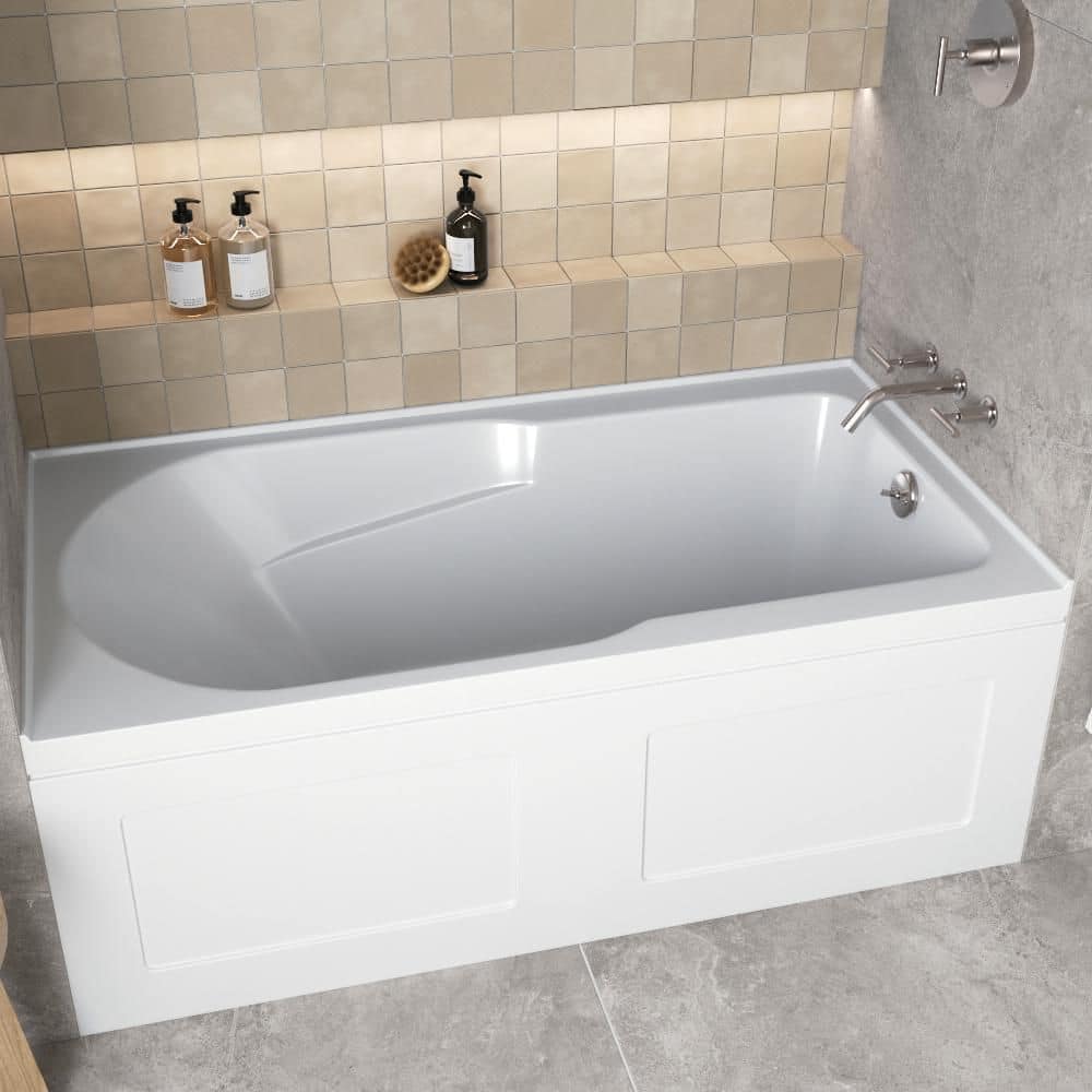 Glossy White Acrylic Right-Hand Drain Alcove Bathtub with Brushed Nickel External Drain
