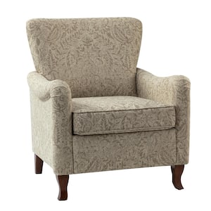 Vincent Beige Floral Fabric Pattern Wingback Armchair with Solid Wood Legs