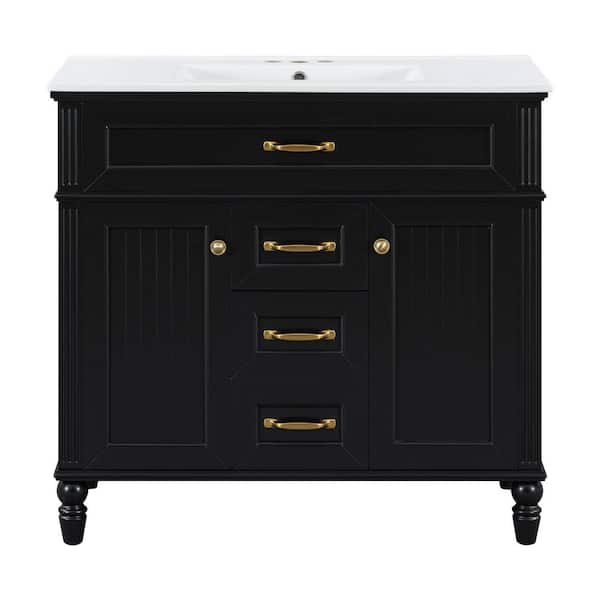 36 in. Black Wood Rectangle Vessel Sink Bathroom Vanity Combo with Flip-Out Top Drawer, Soft Close Doors