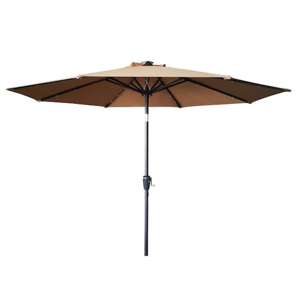 maocao hoom 9 ft. Octagon Aluminum Patio Market Umbrella with LED Lights and Push Button Tilt in Taupe