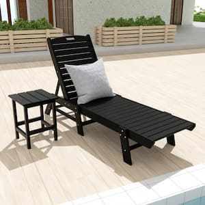 Laguna 2-Piece Black Fade Resistant Poly HDPE Plastic Outdoor Patio Reclining Chaise Lounge Chair with Side Table Set