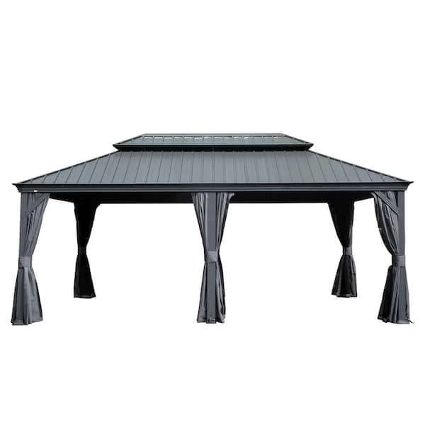 12 ft. x 20 ft. Gray Metal Gazebo with Dual-Layer Galvanized Steel Roof, Curtain, and Netting