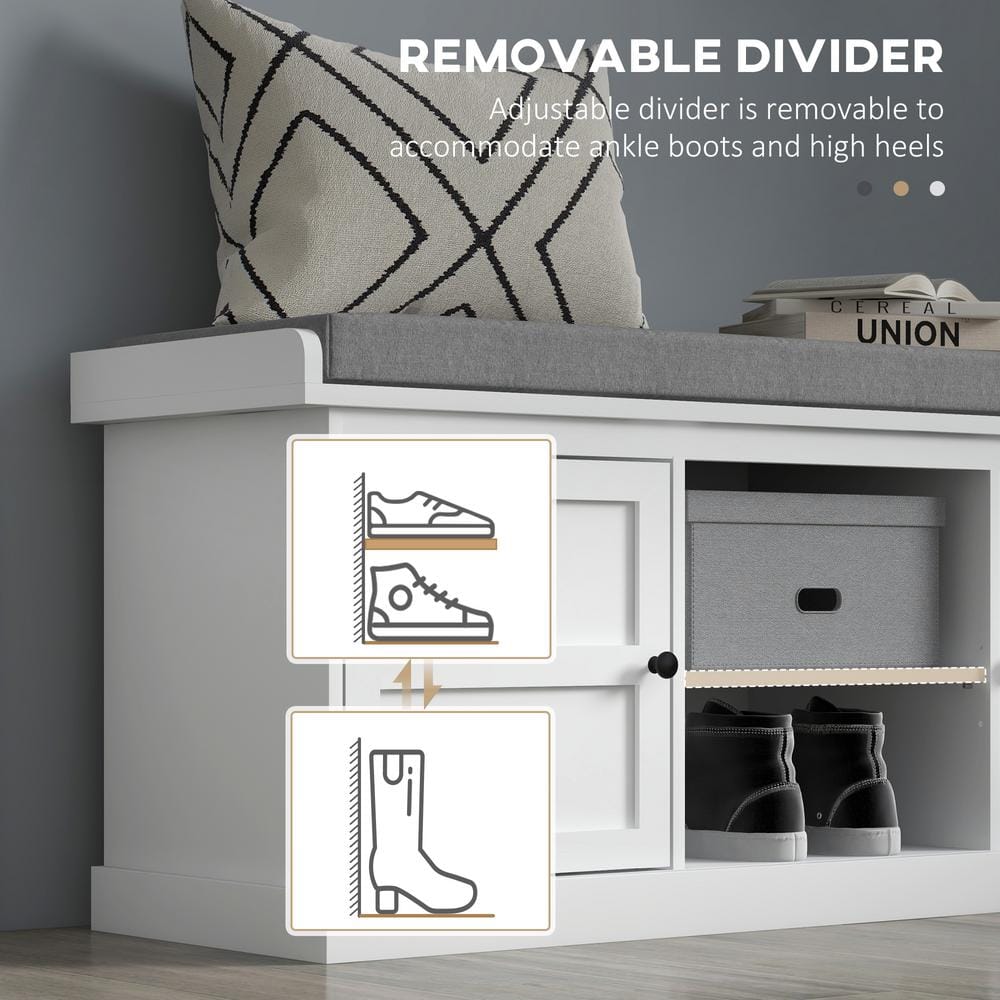 White Wood Storage Bench with Gray Cushion and Cabinets