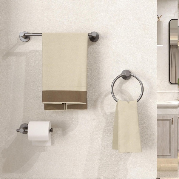 NestPro 3-Piece Bath Hardware Set with Adjustable Towel Bar/Rack, Toilet Paper Holder, Towel Ring in Gun Grey