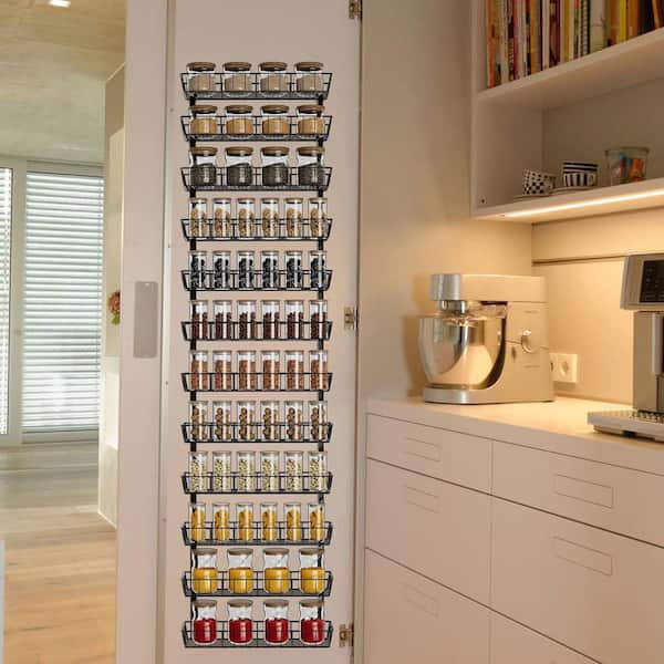 12-Tier Black Adjustable Wall Mount Multi-use Shelf Organizer for Kitchen Pantry Cabinet Door Storage