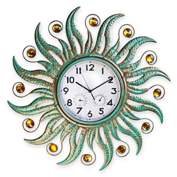 25 in. Outdoor Wall Clock with Thermometer and Hygrometer, Sun