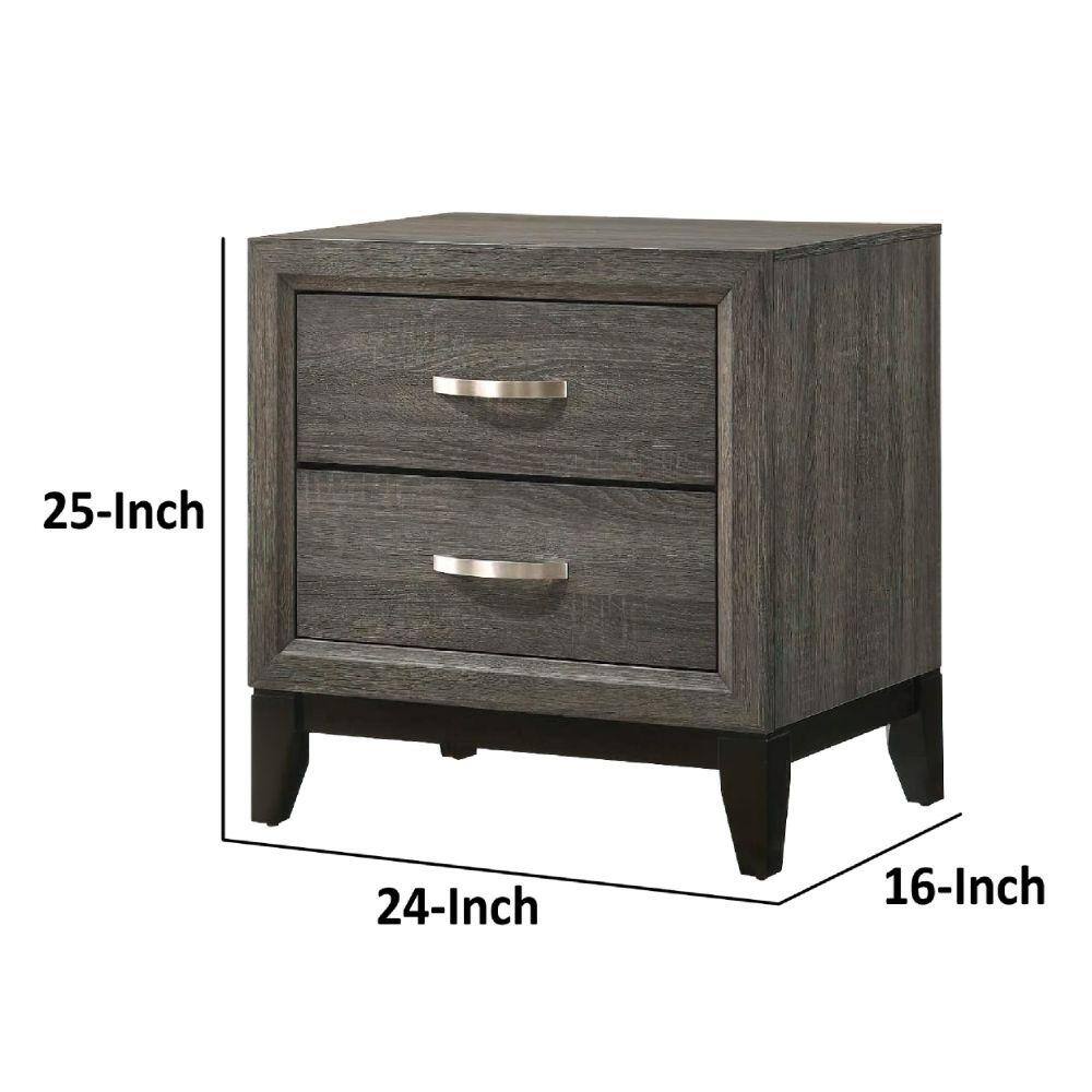 Gray Wood Grain 2 Drawer Nightstand with Metal Handles
