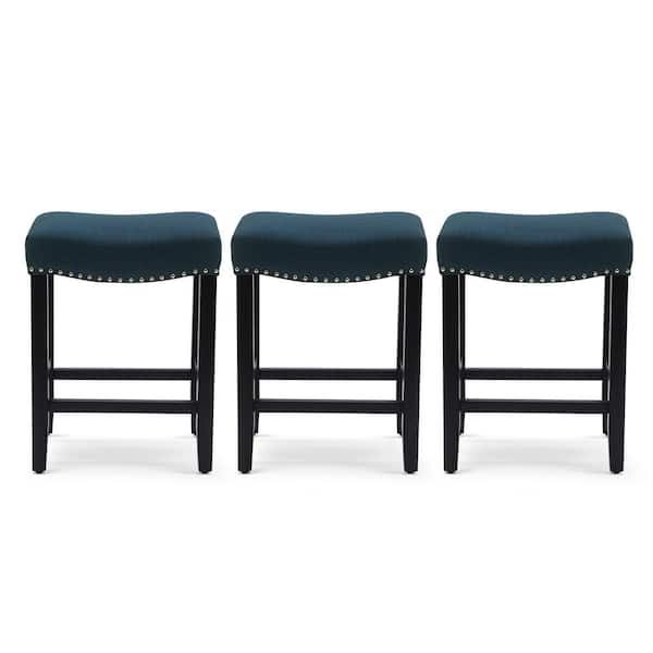 WESTINFURNITURE Jameson 24 in. Counter Height Black Wood Backless Nailhead Barstool, Upholstered Navy Blue Linen Saddle Seat Set of 3