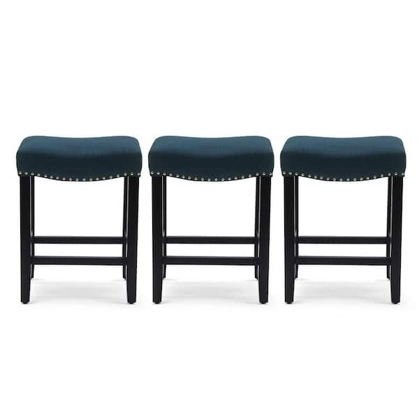 Jameson 24 in. Counter Height Black Wood Backless Nailhead Barstool, Upholstered Navy Blue Linen Saddle Seat Set of 3