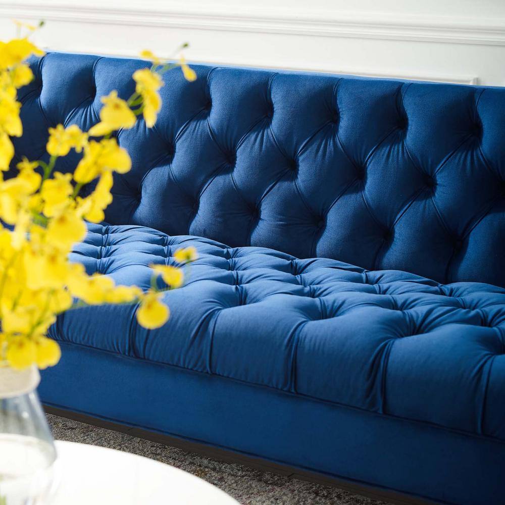 Delight Navy Velvet Tufted Button Luxe Sofa with Gold Legs
