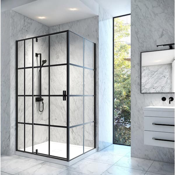 A&E Jana 48 in. x 75 in. Framed Pivoting Shower Door Enclosure and Base Kit with Clear Glass in Matte Black