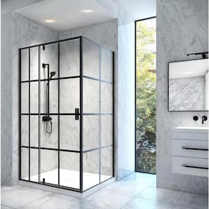 Jana 48 in. x 75 in. Framed Pivoting Shower Door Enclosure and Base Kit with Clear Glass in Matte Black