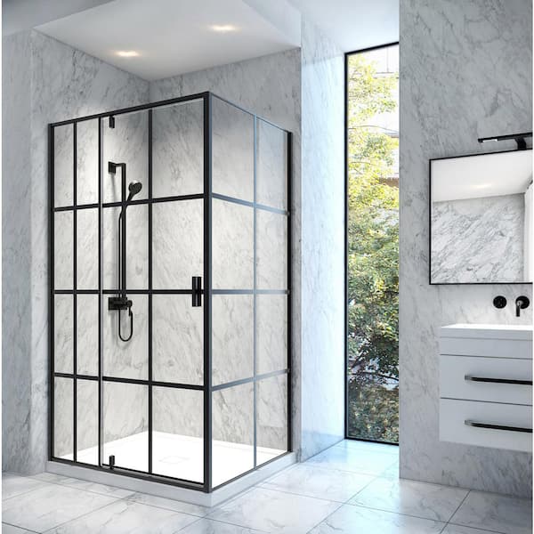 Jana 48 in. x 75 in. Framed Pivoting Shower Door Enclosure and Base Kit with Clear Glass in Matte Black