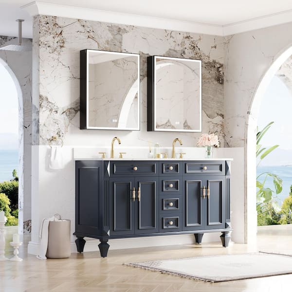 Artwood 60 in. Double Sink Solid Wood Navy Blue Vanity w/ Carrera White Top and 2 LED Medicine Cabinet Assembled, Combo