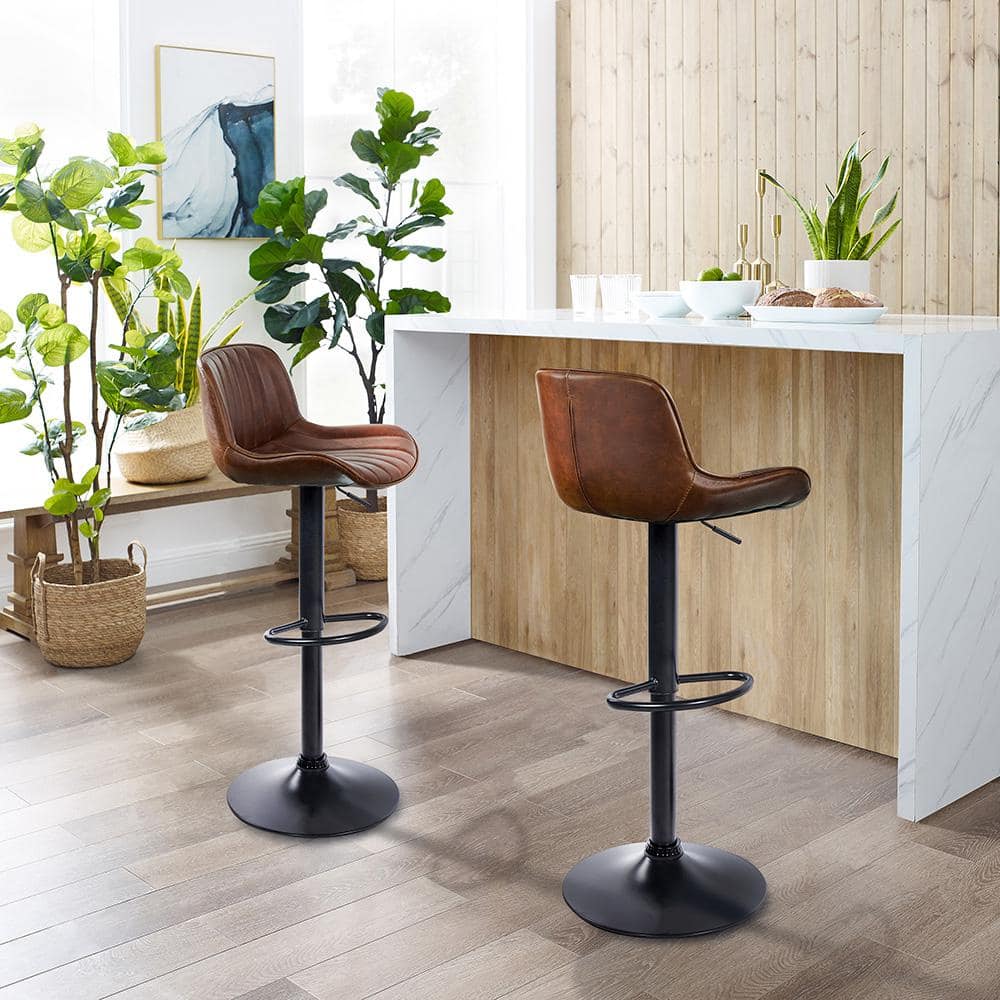 Cognac Elegance Adjustable Swivel Barstool Set in Faux Leather