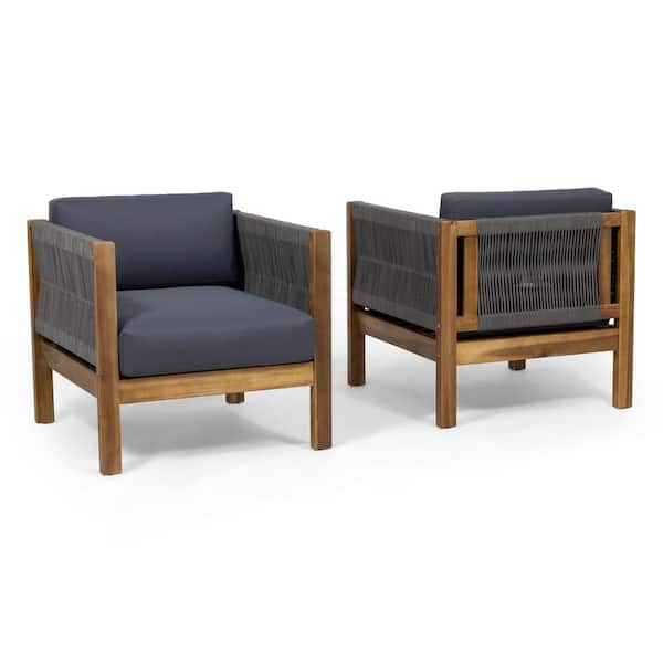 Laurel Teak Brown Cushioned Wood Outdoor Patio Club Chairs with Grey Cushions (2-Pack)