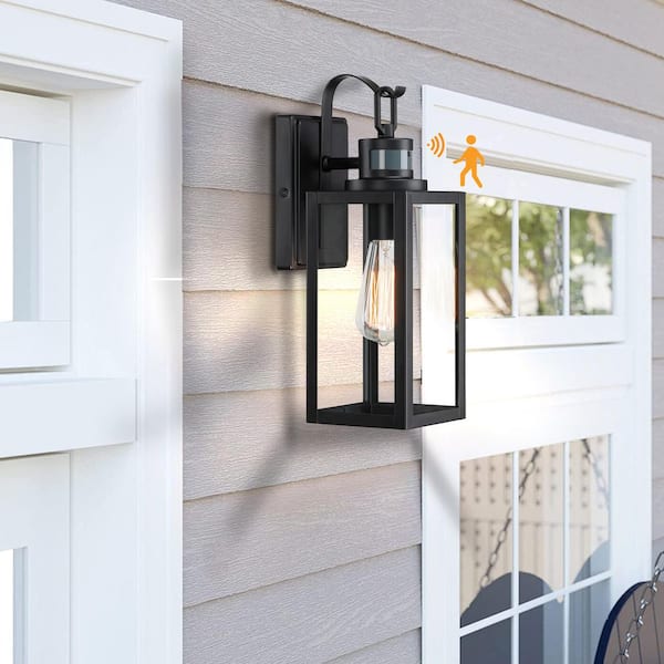 15 in. Matte Black Motion Sensing Dusk to Dawn Outdoor Hardwired Wall Lantern Sconce Sensor with No Bulbs Included