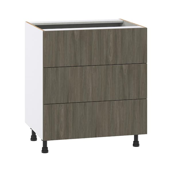 J COLLECTION 30 in. W x 34.5 in. H x 24 in. D Medora textured Slab Walnut Assembled Base Kitchen Cabinet with Three 10 in. Drawers