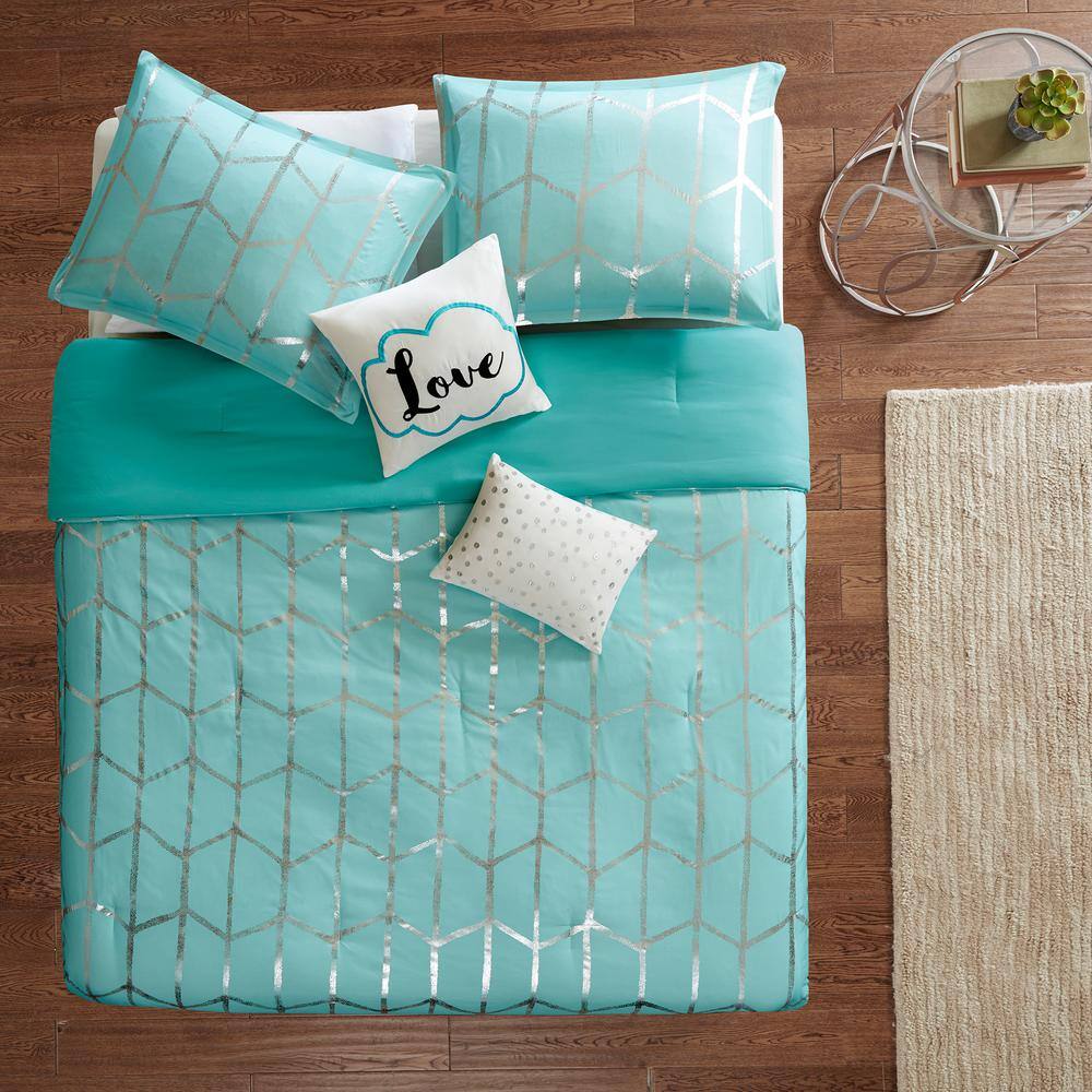 Aqua and Silver Full Microfiber Comforter Set with Shams