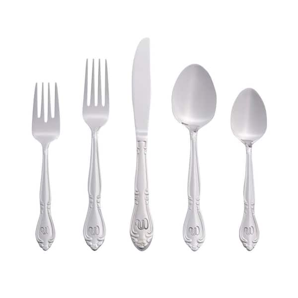 Rose Monogrammed Letter W 46-Piece Silver Stainless Steel Flatware Set (Service for 8)