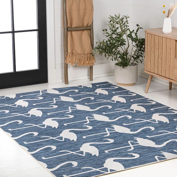 Liana Casual Coastal Flamingos 2-Tone Navy/White 8 ft. x 10 ft. Indoor/Outdoor Area Rug