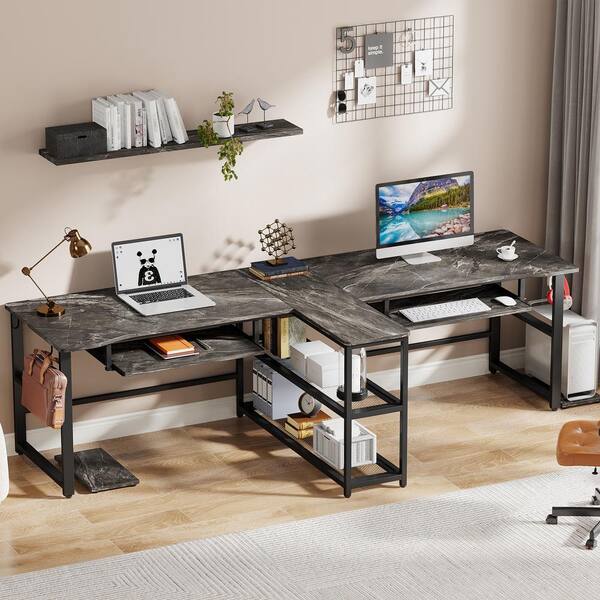 BYBLIGHT Moronia 95 in. Rectangle Gray Particle Board Computer Desk with  Keyboard Tray 2 Person Office Desk with Storage Shelves BB-YS0175XD - The  Home Depot