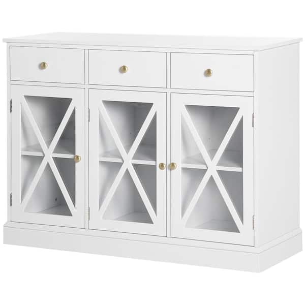 Tileon Farmhouse Sideboard Buffet Cabinet, Credenza, Coffee Bar Cabinet with Glass Doors and 3 Drawers in White