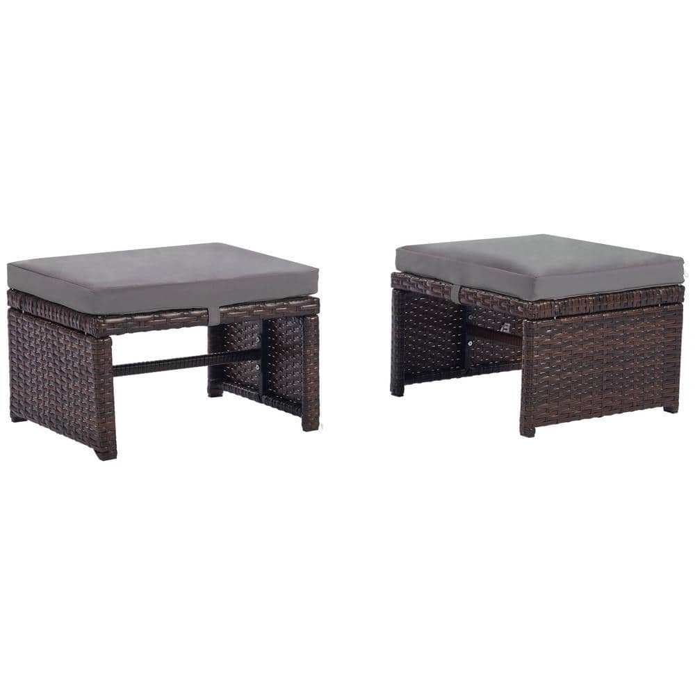 Wicker Outdoor Ottoman Footrest with Light Gray Cushions (2-Pack)