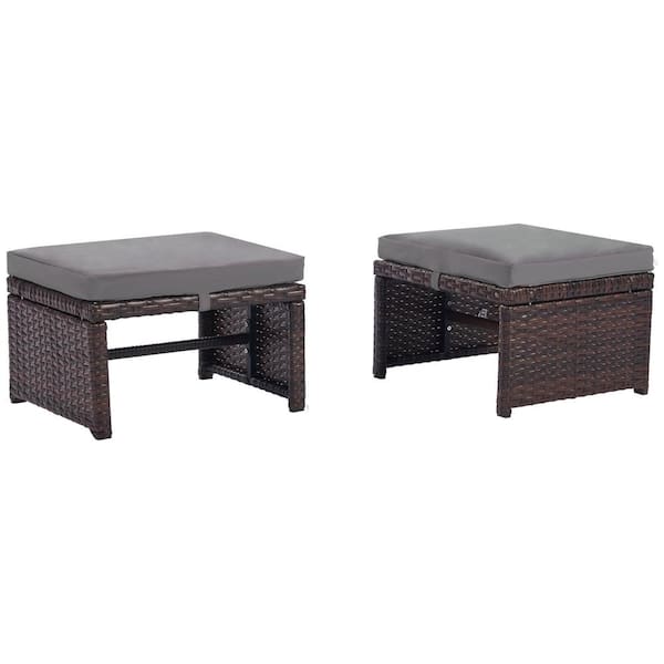 SANSTAR Wicker Outdoor Ottoman Footrest with Light Gray Cushions (2-Pack)