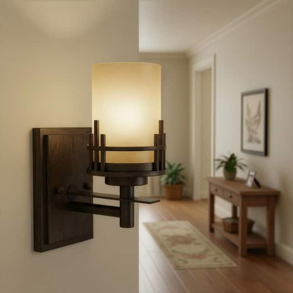 Mission Ridge 5 in. 1-Light Warm Mahogany Mission Wall Sconce with Goldenrod Glass Shade