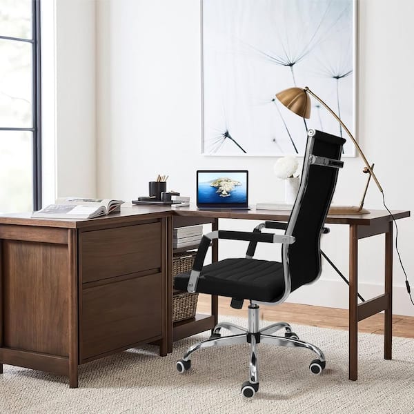 LACOO Black Ribbed Office Mid-Back PU Leather Executive Task