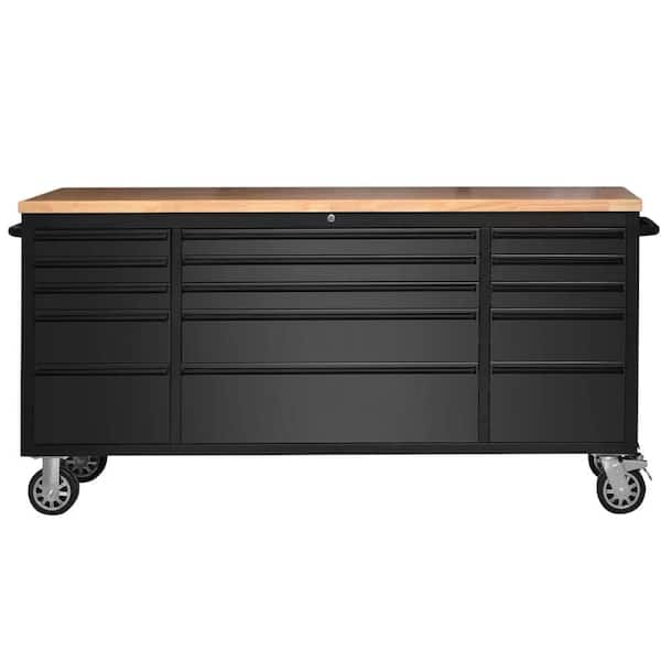 72 in. Stainless Steel Mobile Workbench Cabinet with Lockable Wheels, 15-Drawer, Rubber Wood Top, Lock Key for Workshop