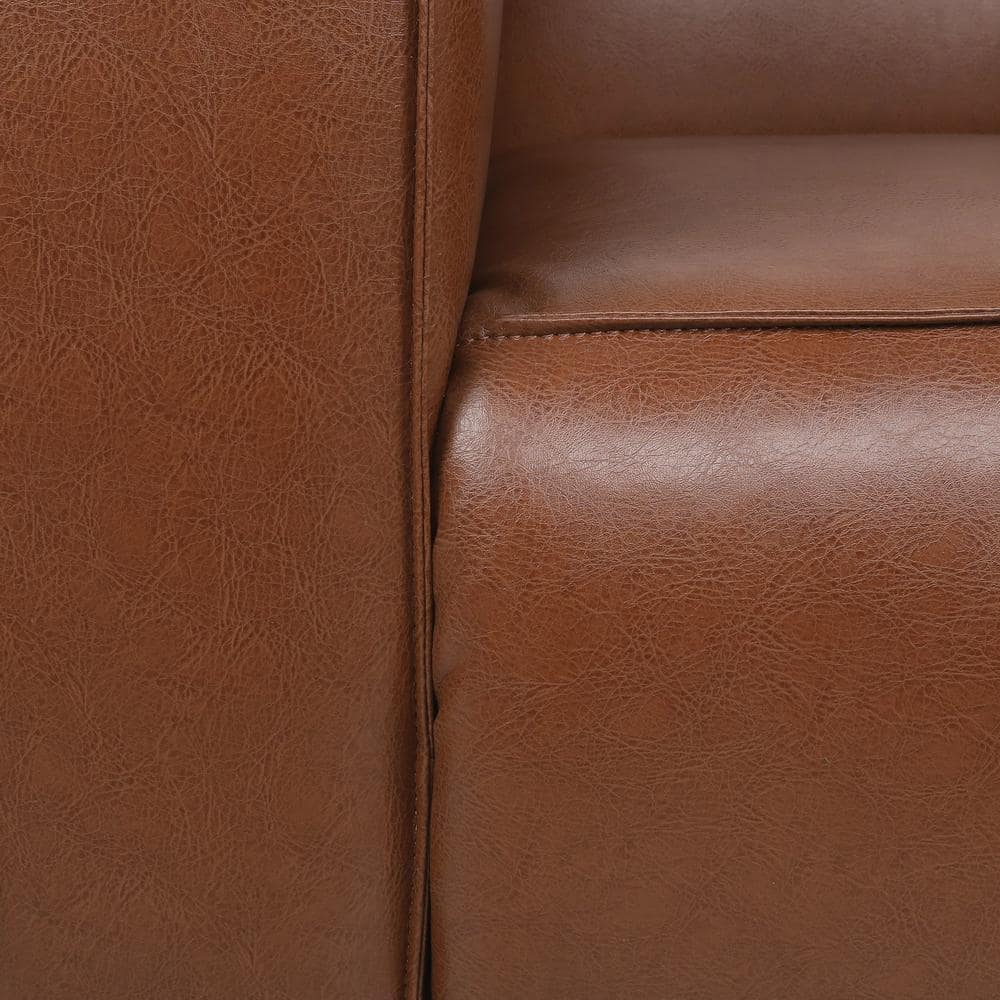 Cognac Brown Square Arm Faux Leather Club Chair with Dark Walnut Wood Legs