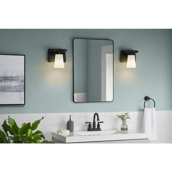 7 in. KESTLE 1-Light Black Vanity Light with Night Light Mode E26 Incandescent or LED Bulb, White Frosted Glass Shade