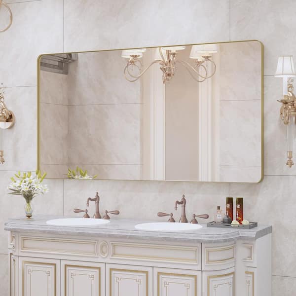 55 in. W x 30 in. H Rectangular Framed Wall Mounted Bathroom Vanity Mirror in Brushed Gold