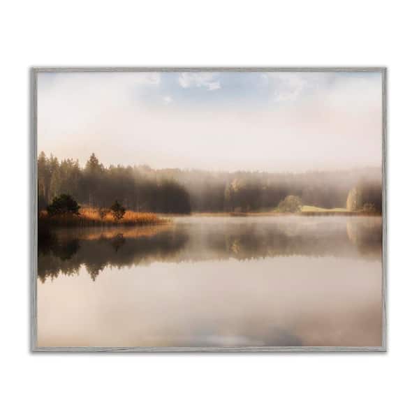 Stupell Industries Autumn Lake Misty Landscape Distant Pine Tree Forest by Irene Weisz Gray Framed Graphic Nature Art Print 24 in. x 30 in.