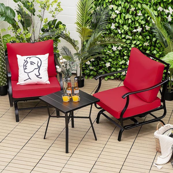 3-Piece Metal Patio Rocking Outdoor Bistro Set Armrest Chair Side Table with Red Cushions