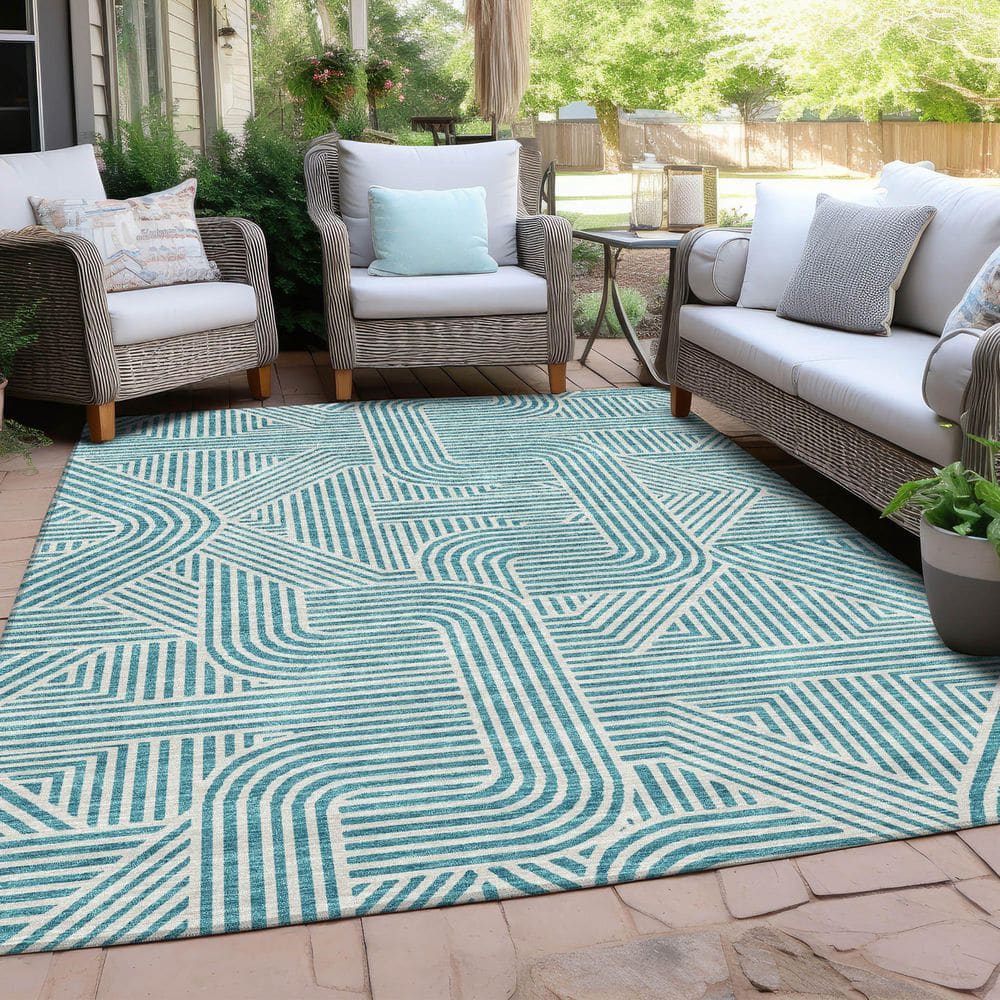 Teal Blue Flat Woven Synthetic Indoor/Outdoor Rug 5' x 7'