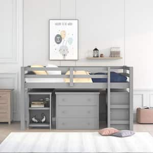 Gray Twin Size Low Study Loft Bed Frame with Storage Cabinet and Rolling Portable Desk for Kids and Teenagers