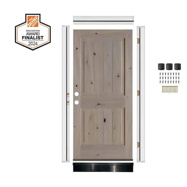DIY RTA Kit 32 in. x 80 in. Knotty Alder Sq Top VG Right-Hand/Inswing Grey Stain Stain Wood Ready To Assemble Front Door