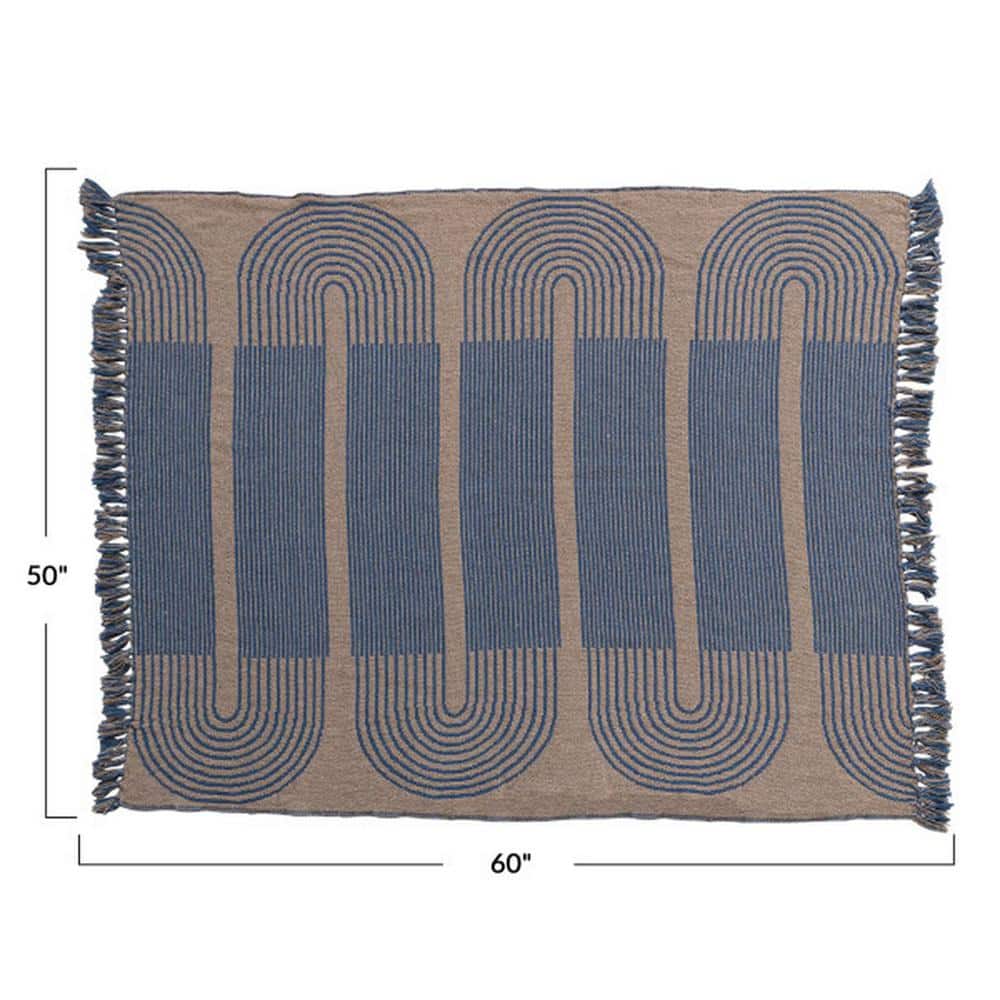 Blue and Tan Recycled Cotton Fringe Throw Blanket
