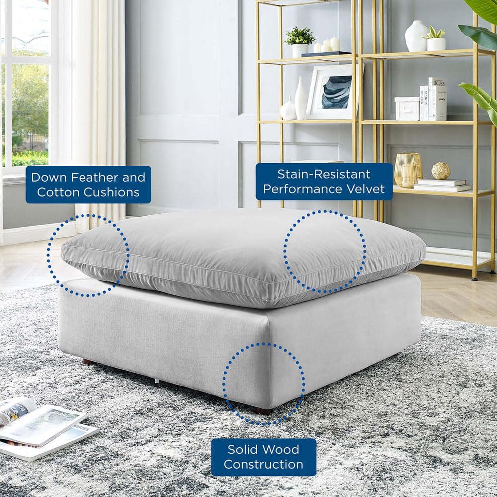 Light Gray Velvet Overstuffed Ottoman with Solid Wood Frame