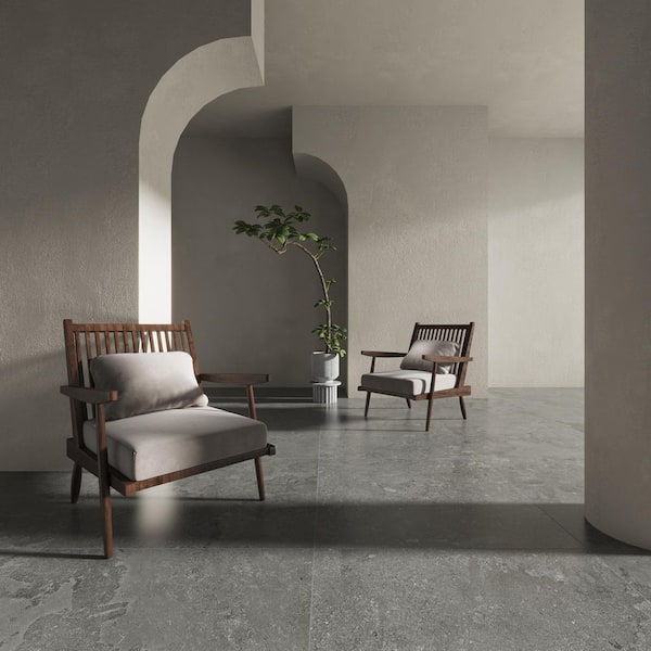 American EcoStone Cross-Cut Black 48 in. x 48 in. Matte Travertine Look Porcelain Floor and Wall Tile (32 sq. ft./Case)
