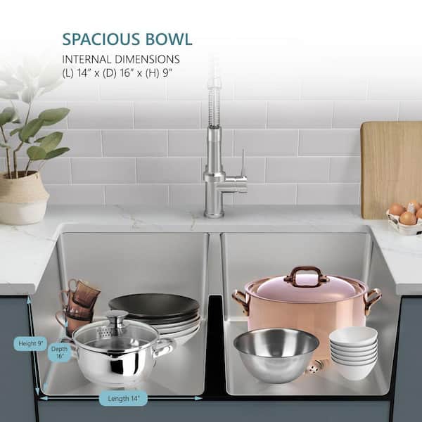 SINKDIRECT 31 in. 50/50 Double Bowl 18-Gauge Undermount Tiny
