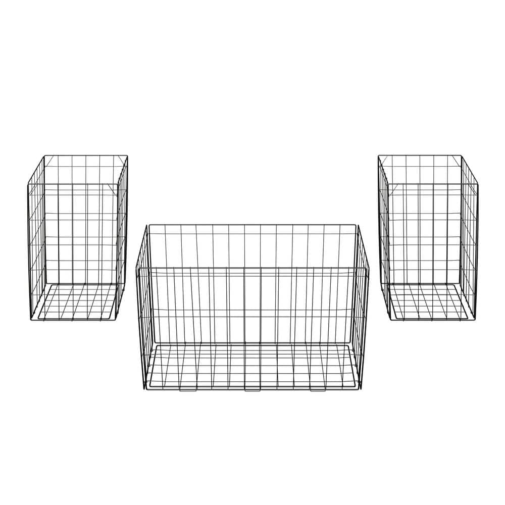Brown Woodgrain and Black Metal Basket Storage Table Set