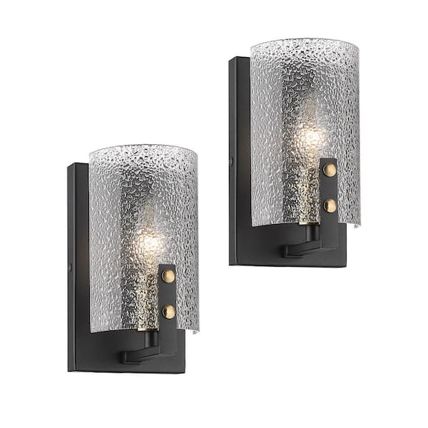 pasentel 4.75 in. 1-Light Black Vanity Light with Hammered Glass Shade (2-Pack)