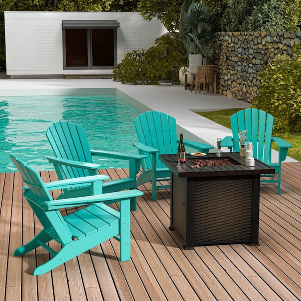 WESTIN OUTDOOR Mason 5-Piece Outdoor Patio HDPE Poly Plastic Classic Adirondack Chair Conversation Set with Square Fire Pit, Turquoise