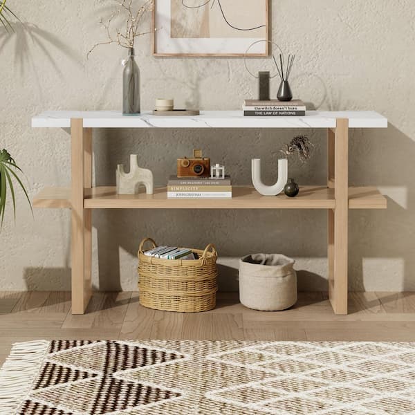 Qualler 54 in. Natural Rectangle MDF Console Table with Storage Shelf and Marble-Effect Top